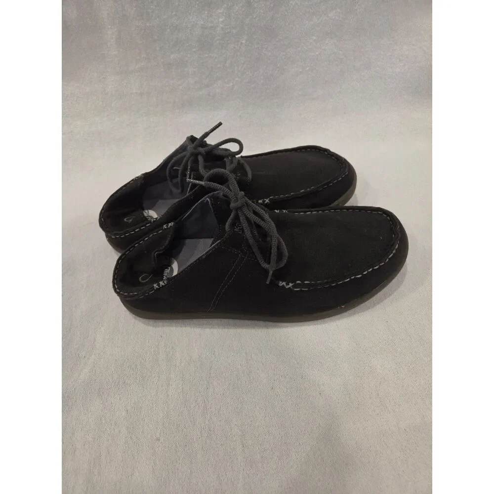 Olukai Ohana Lace Up Mens Casual Shoes Black Canvas Suede Loafers Sz 10